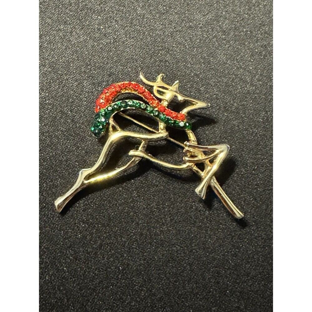Gold Tone Reindeer Brooch Red & Green Crystal